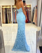 Chic Sleeveless V Neck Blue Aplliques Front-Split Mermaiad Prom Dresses  GJS184