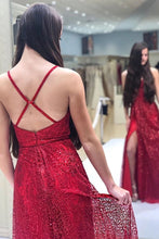 A-line V-neck Burgundy Sparkle Prom Dress with Slit JKQ135