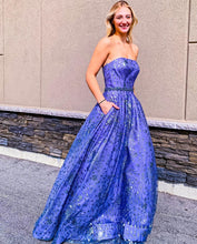 Royal Blue Lace Strapless A-Line Long Prom Dress JKS8425