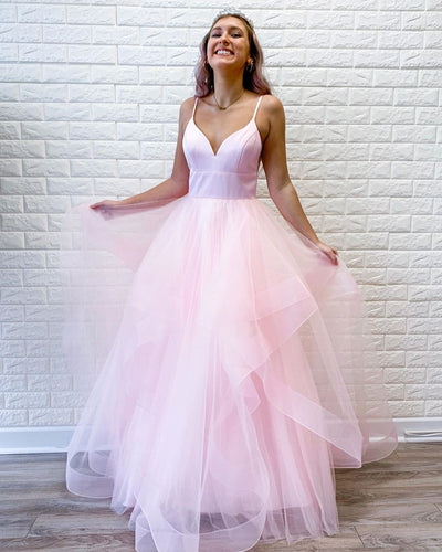 Pink Tulle Ruffles Spaghetti Straps Simple Long Prom Dress JKZ9408