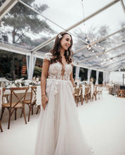 Cap Sleeves Deep V-neck Lace Appliques A-Line Rustic Wedding Dress JKZ6305