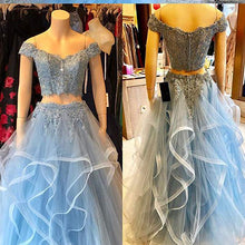 A Line Blue Lace Off the Shoulder Tulle Ruffled Beaded Two Piece Prom Dresses GJS266