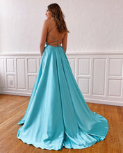 Aqua Satin V-neck Spaghetti Straps A-Line Long Prom Dress with Slit JKZ8301|Annapromdress