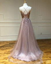 Dusty Pink Tulle Appliques V-neck A-Line Long Prom Dress JKZ9401