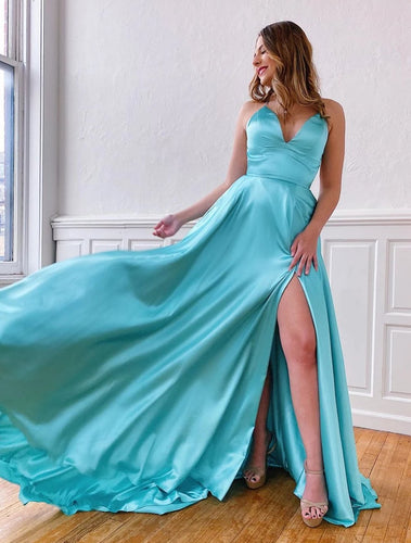Aqua Satin V-neck Spaghetti Straps A-Line Long Prom Dress with Slit JKZ8301|Annapromdress