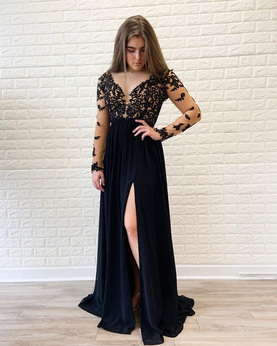 Illusion Long Sleeve Black Applqiues A-Line Elegant Prom Dress JKZ9405