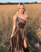 One Shoulder Leopard Print Satin Long Prom Dress with Slit JKZ8311|Annapromdress