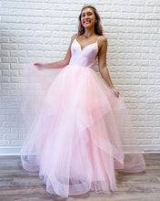 Pink Tulle Ruffles Spaghetti Straps Simple Long Prom Dress JKZ9408