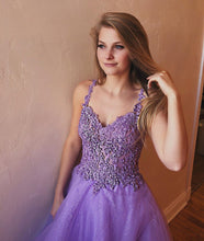 Chic Lavender Tulle Appliques Beaded A-Line Long Prom Dress JKS8427