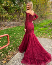 Mermaid Tulle Appliques Off-the-Shoulder Long Sleeve Burgundy Prom Dress JKZ8312|Annapromdress