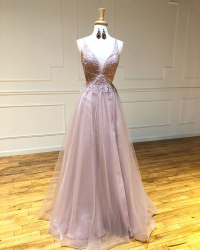 Dusty Pink Tulle Appliques V-neck A-Line Long Prom Dress JKZ9401