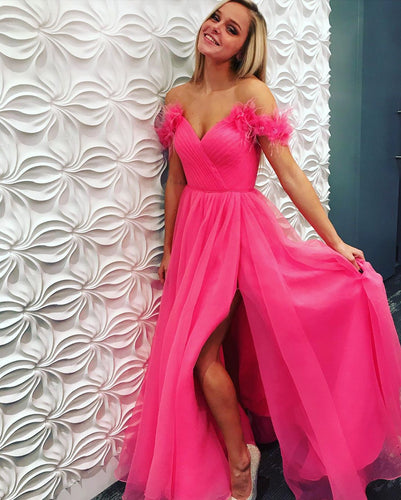 Hot Pink Tulle Pleat Off-the-Shoulder A-Line Long Prom Dress JKZ8314|Annapromdress