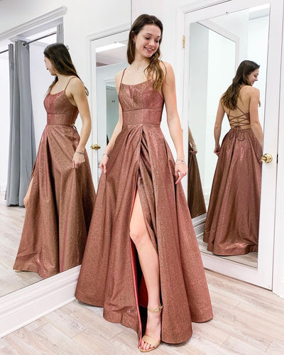 Scoop Spaghetti Straps A-Line Sparkle Prom Dress with Slit JKZ9404|Annapromdress