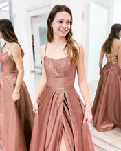 Scoop Spaghetti Straps A-Line Sparkle Prom Dress with Slit JKZ9404|Annapromdress