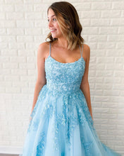 Sky Blue Tulle Appliques Scoop A-Line Long Prom Dress JKS8622