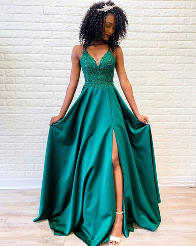 Green Satin Appliques Spaghetti Straps A-Line Prom Dress with Slit JKZ9406|Annapromdress