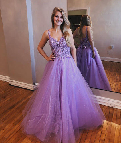 Chic Lavender Tulle Appliques Beaded A-Line Long Prom Dress JKS8427