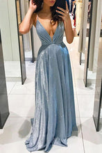 Sexy Shiny Criss Cross Back Deep V Neck A Line Long Prom Dress GJS205