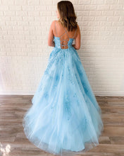 Sky Blue Tulle Appliques Scoop A-Line Long Prom Dress JKS8622