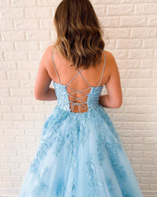 Sky Blue Tulle Appliques Scoop A-Line Long Prom Dress JKS8622