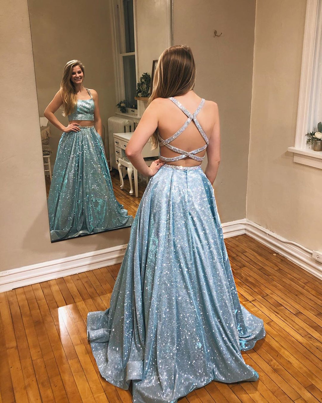 Lavender Tulle A-Line Sparkle Two Piece Prom Dress JKS8624 Anna PromDress Lavender Tulle A-Line Sparkle Two Piece Prom Dress JKS8624 Anna PromDress