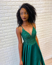 Green Satin Appliques Spaghetti Straps A-Line Prom Dress with Slit JKZ9406|Annapromdress