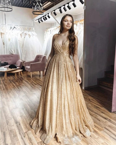 Gold Sequins A-Line V-neck Spaghetti Straps Long Prom Dress JKS8820