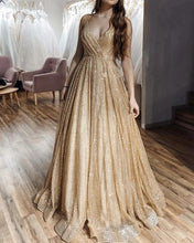 Gold Sequins A-Line V-neck Spaghetti Straps Long Prom Dress JKS8820