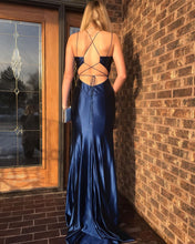 Navy Blue Stretch Satin Spaghetti Straps Sheath/Column Prom Dress with Slit JKS8422|Annapromdress