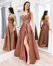 Scoop Spaghetti Straps A-Line Sparkle Prom Dress with Slit JKZ9404|Annapromdress