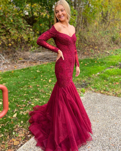 Mermaid Tulle Appliques Off-the-Shoulder Long Sleeve Burgundy Prom Dress JKZ8312|Annapromdress