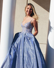 Blue Tulle Appliques A-Line Long Sparkle Prom Dress with Pockets JKS8623