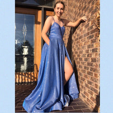 Spaghetti Straps Sweetheart Blue Tulle A-Line Long Sparkle Prom Dress JKS8423|Annapromdress