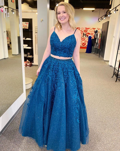 Royal Blue Sparkle Tulle Appliques Two Piece Prom Dress JKZ942|Annapromdress