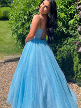 Sparkly Blue V Neck A line Long Prom Formal Dresses GJS386
