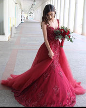 Burgundy Tulle Appliques Double Straps Swetheart Prom Dress with Sweep Train JKS8821