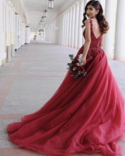 Burgundy Tulle Appliques Double Straps Swetheart Prom Dress with Sweep Train JKS8821