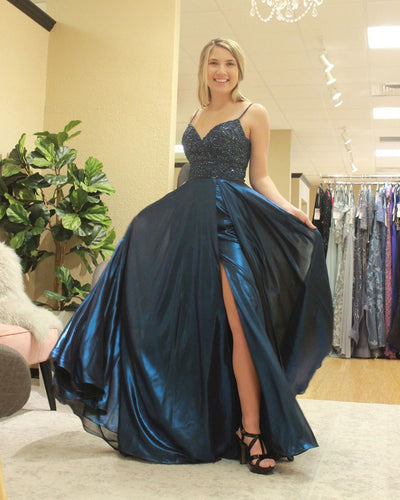 A-Line Navy Blue Satin Beaded Spaghetti Straps Long Prom Dress JKZ9403|Annapromdress