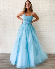 Sky Blue Tulle Appliques Scoop A-Line Long Prom Dress JKS8622