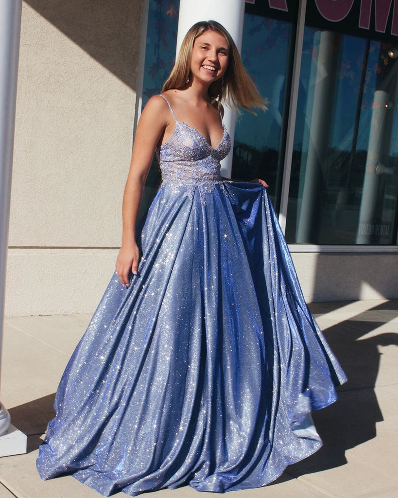 Blue Tulle Appliques A-Line Long Sparkle Prom Dress with Pockets JKS86 ...