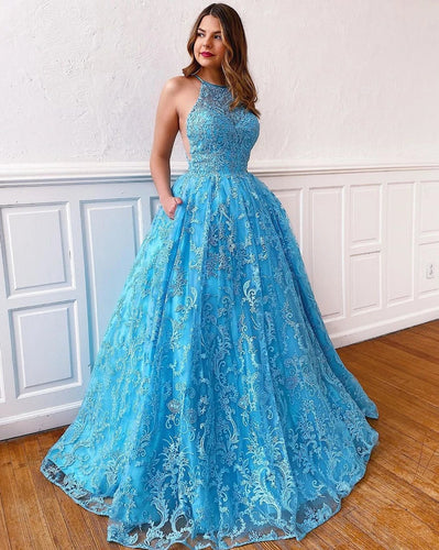 Chic Jewel Neckline Exquisite Lace Long Prom Dress with Pockets JKQ320