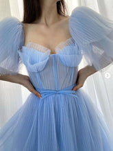 Blue A-line tulle long prom dress, blue tulle formal dress GJS720