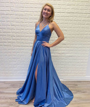 Spaghetti Straps V-Neck Satin Simple Long Prom Dress with Slit NA638