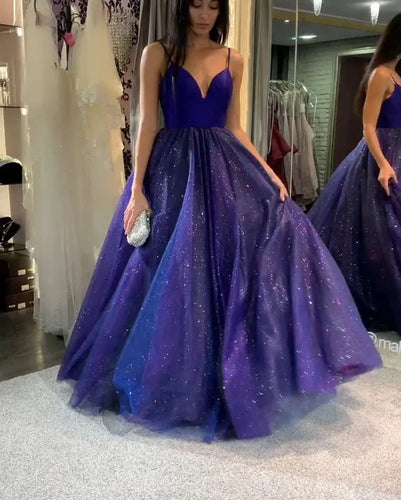 Purple Tulle A-Line V-neck Spaghetti Straps Sparkle Prom Dress JKS8825
