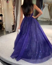Purple Tulle A-Line V-neck Spaghetti Straps Sparkle Prom Dress JKS8825