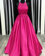 Jewel Neckline Fuchsia Satin Appliques A-line Long Prom Dress JKS8822