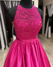 Jewel Neckline Fuchsia Satin Appliques A-line Long Prom Dress JKS8822