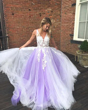 Modest Tulle V-neck Appliques A-Line Long Prom Dress JKS8823