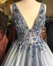 Grey Tulle 3D Appliques A-line V-neck Long Prom Dress JKS8824