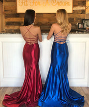Royal Blue Satin V-Neck Spaghetti Straps Mermaid Prom Dress with Slit JKS8427|Annapromdress